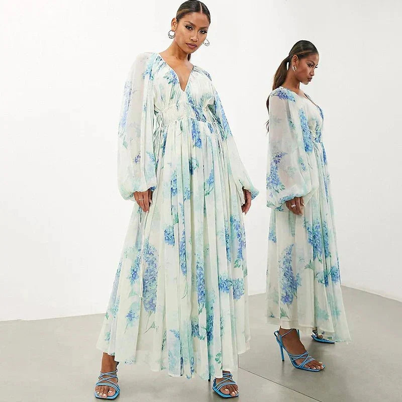 Athena Floral Drawstring Maxi Dress in blue