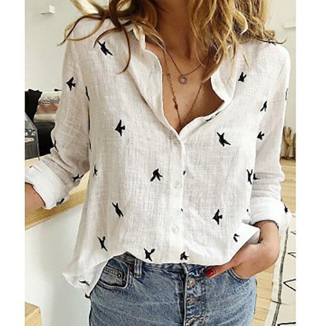 Wren Linen Summer Blouse in white/birds