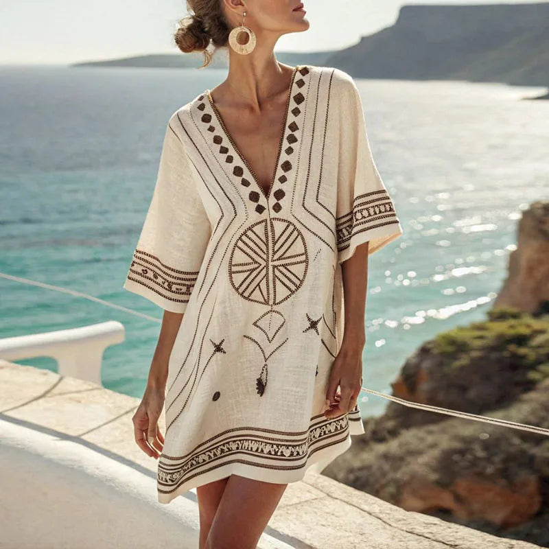Danique Beach Dress in gold and white pattern