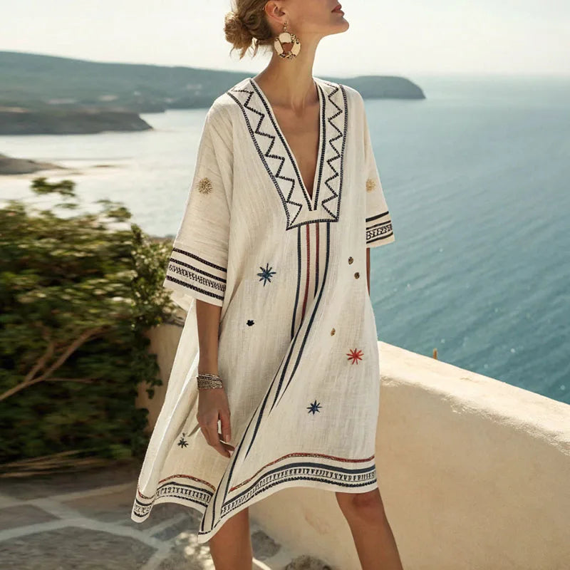 Naomi and Versatile Beach in rust blue and gold pattern
