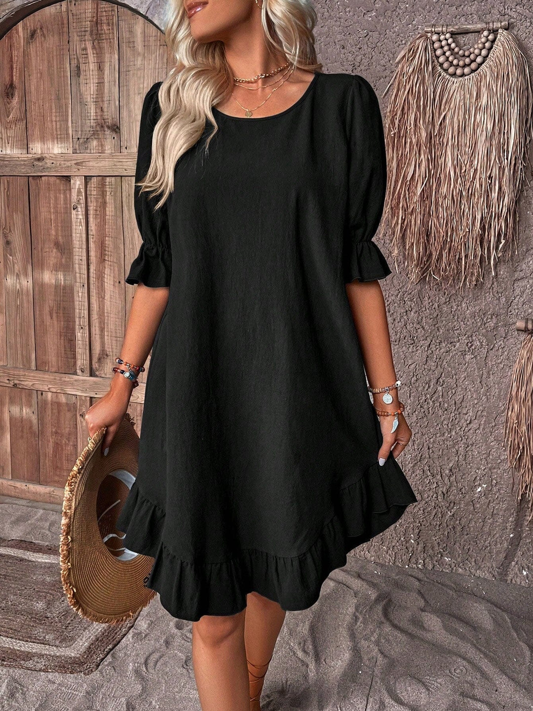 Alicia Pleated Sleeve Dress in black
