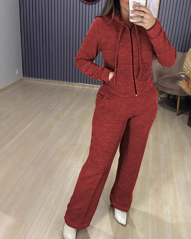 Athleisure Hooded Jacket Wide Leg in red