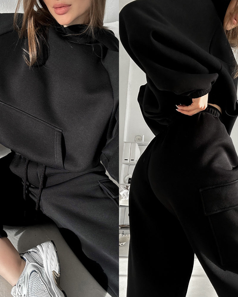 Stylish Cargo Oversized Sweatsuit Set in black
