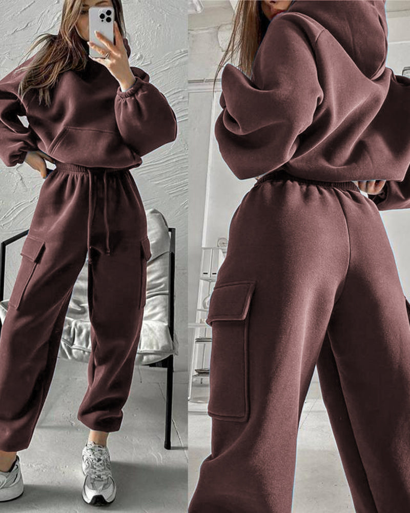 Stylish Cargo Oversized Sweatsuit Set in brown