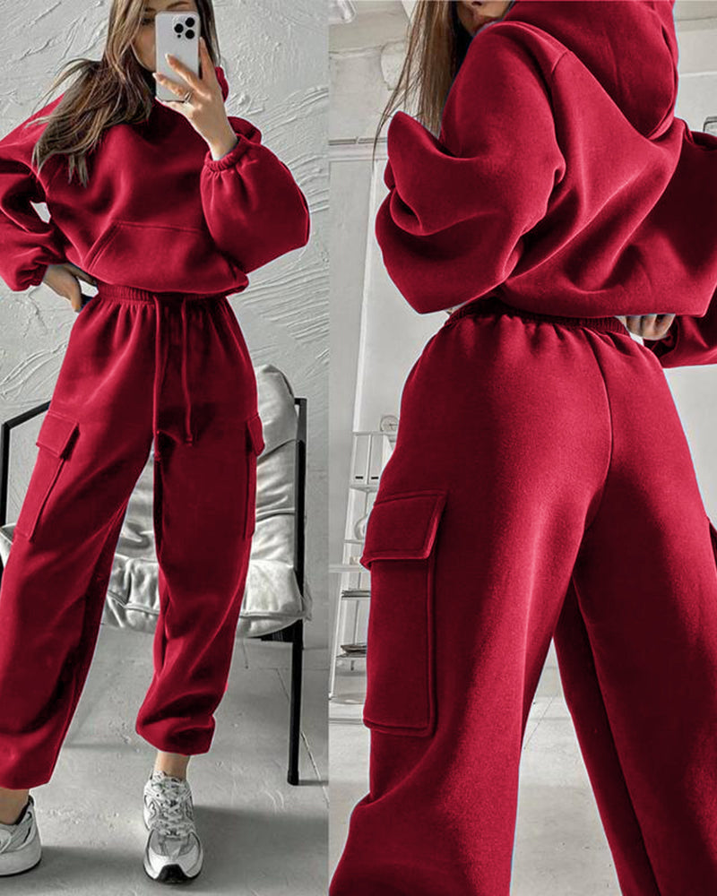 Stylish Cargo Oversized Sweatsuit Set in red