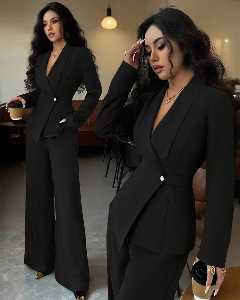 Formal One-button Blazer Suit Set in black