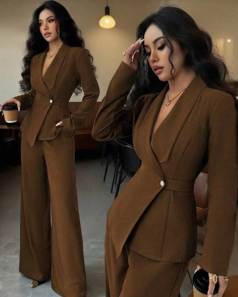 Formal One-button Blazer Suit Set in brown