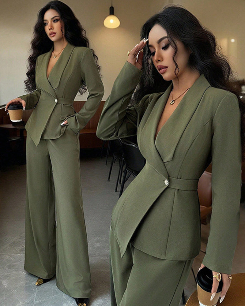 Formal One-button Blazer Suit Set in green
