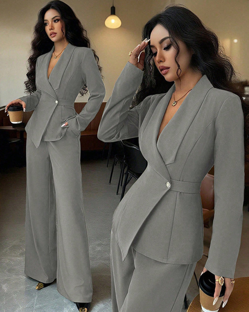 Formal One-button Blazer Suit Set in gray