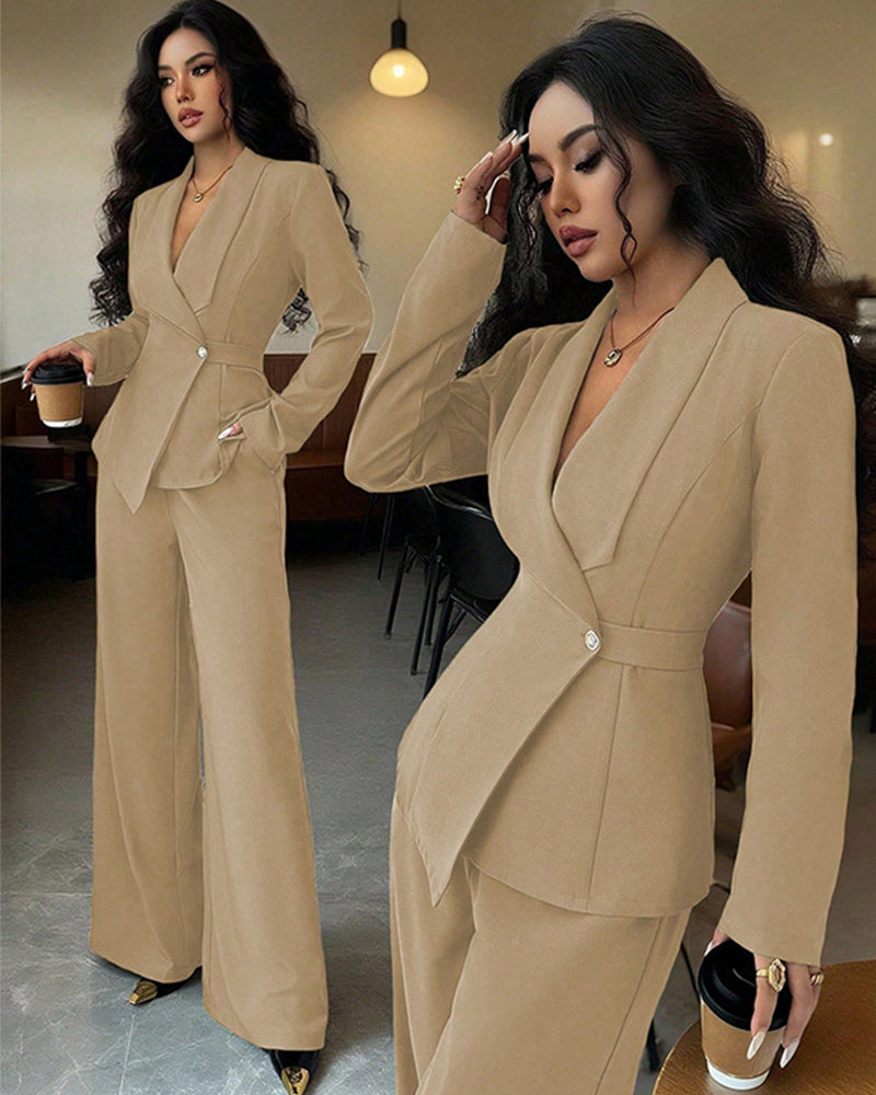 Formal One-button Blazer Suit Set in khaki