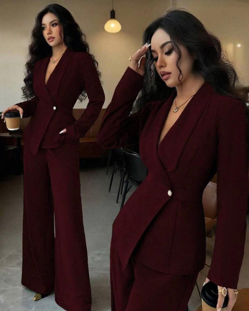 Formal One-button Blazer Suit Set in wine red