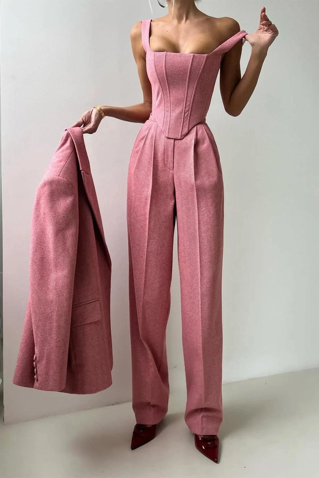 Pilar Three-piece Set with Double-breasted in pink