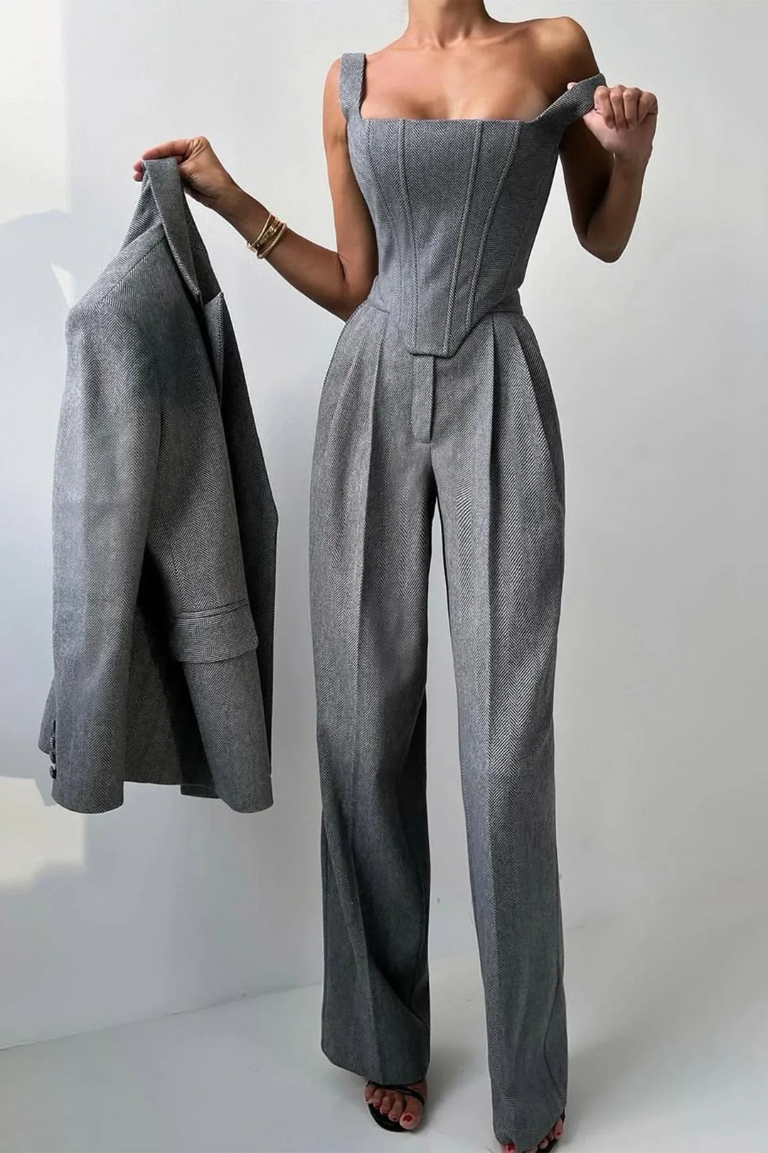 Pilar Three-piece Set with Double-breasted in gray