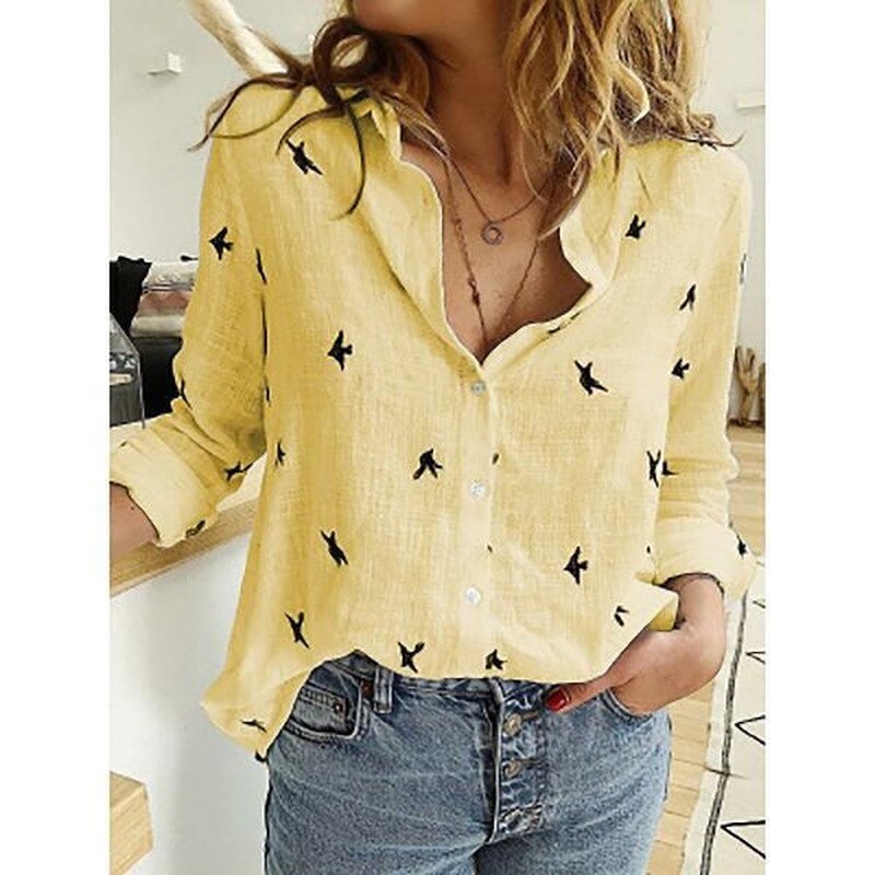 Wren Linen Summer Blouse in yellow/birds