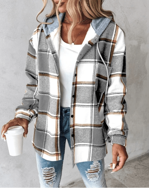 Lorenza Checkered Hooded Jacket in gray