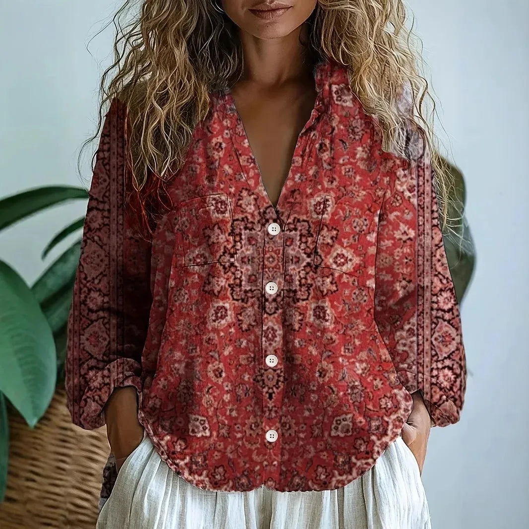 Rosette V-neck Blouse in red