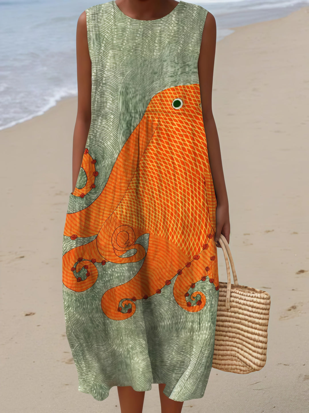 Francesca Sleeveless Summer Dress in green/orange octopus