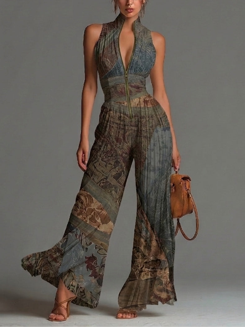 Bohemian Ethnic Print Sleeveless Zipper in gray blue