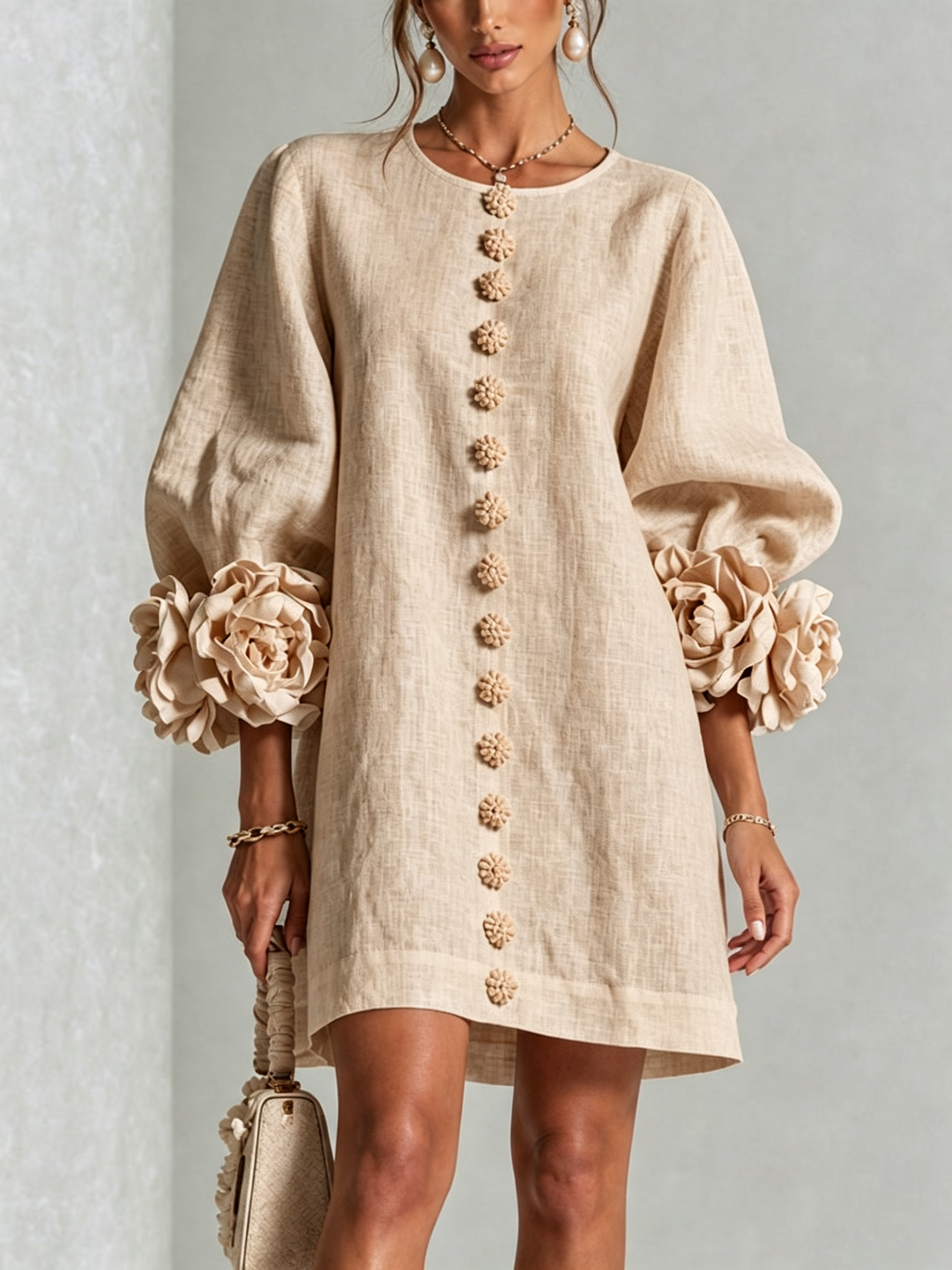 Rosalie Button-down Mini Dress in beige