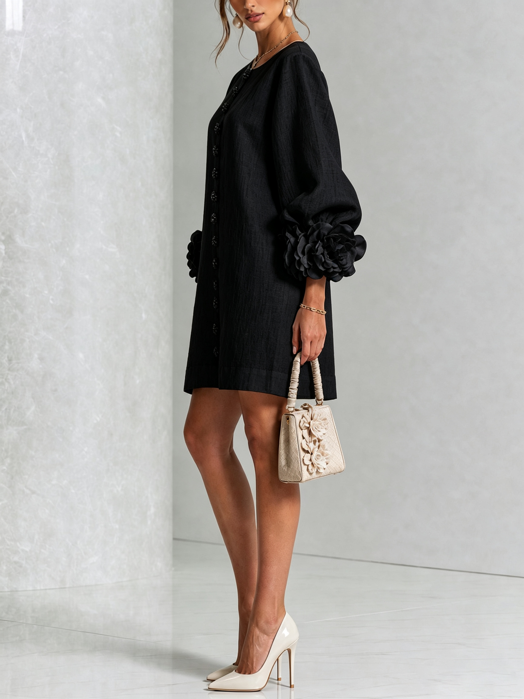 Henrietta Floral Button-down Mini Dress in black