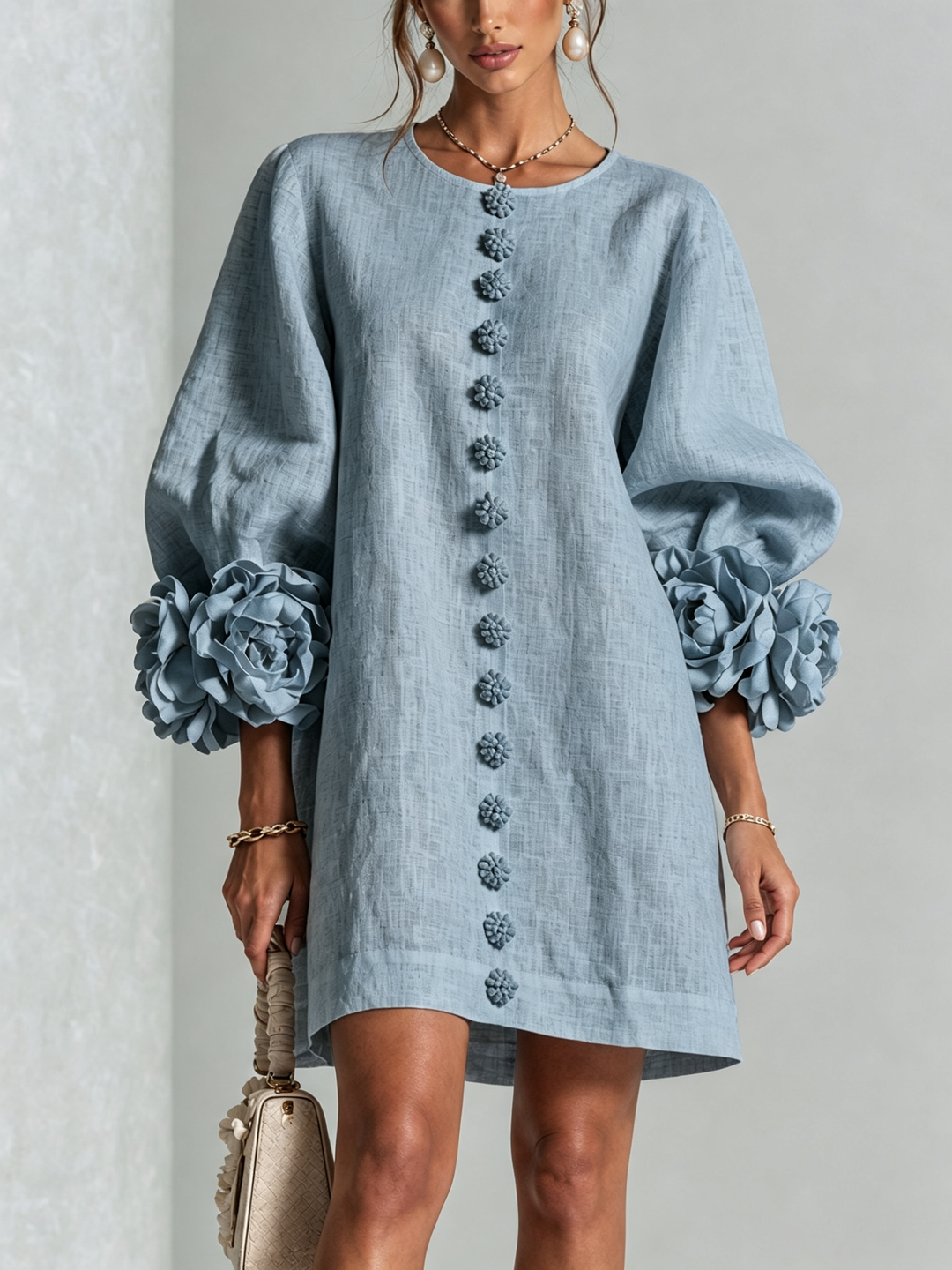 Henrietta Floral Button-down Mini Dress in dusty blue