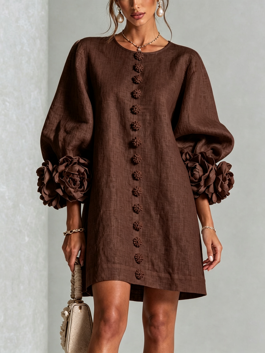 Henrietta Floral Button-down Mini Dress in mocha brown