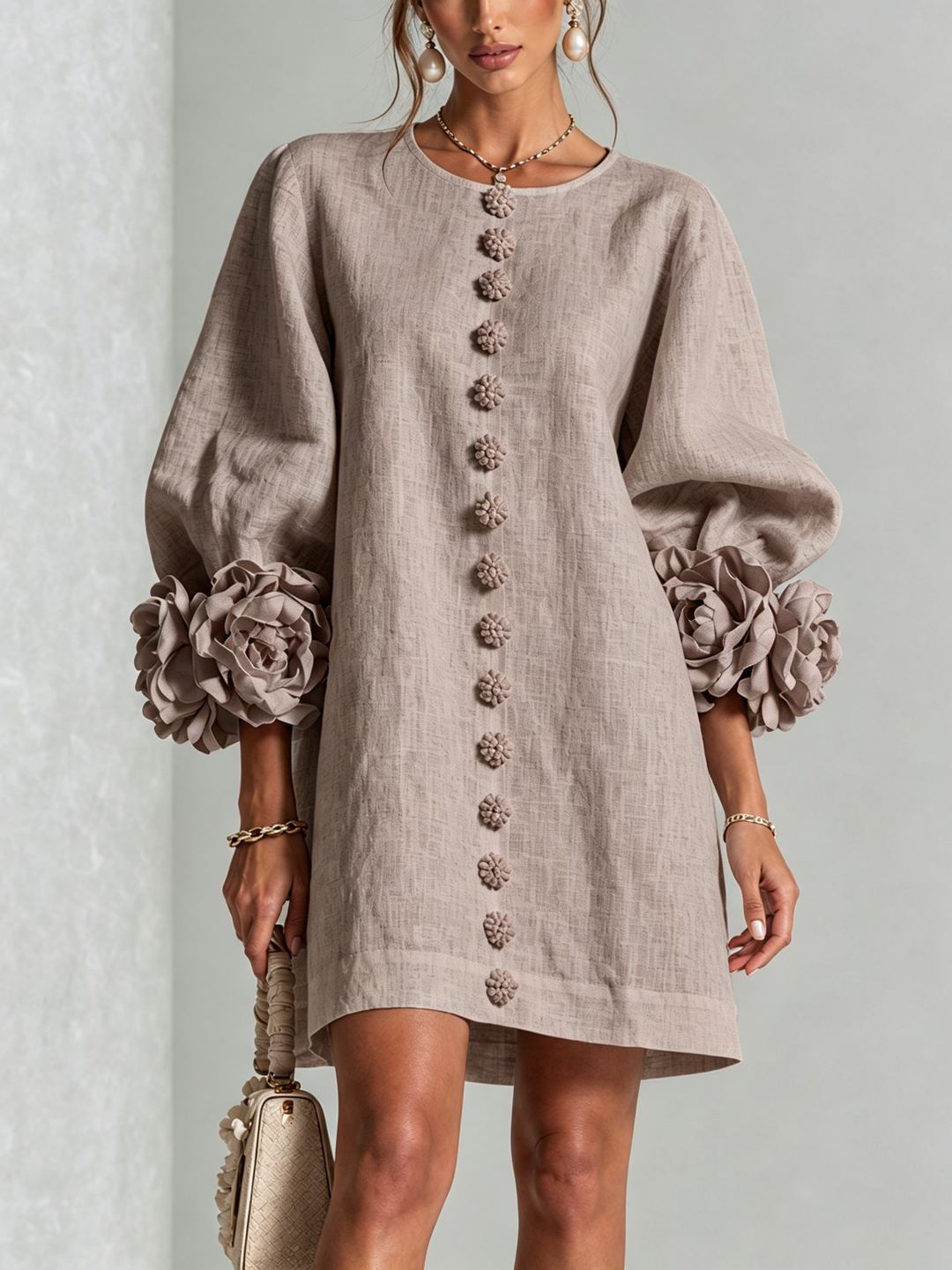 Henrietta Floral Button-down Mini Dress in mushroom taupe