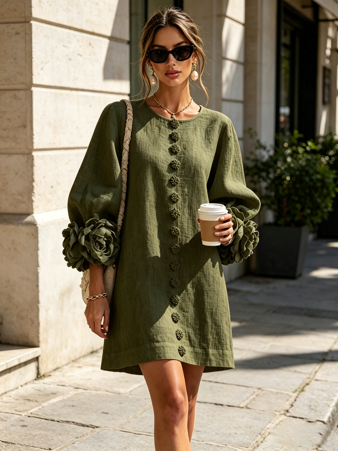 Henrietta Floral Button-down Mini Dress in olive