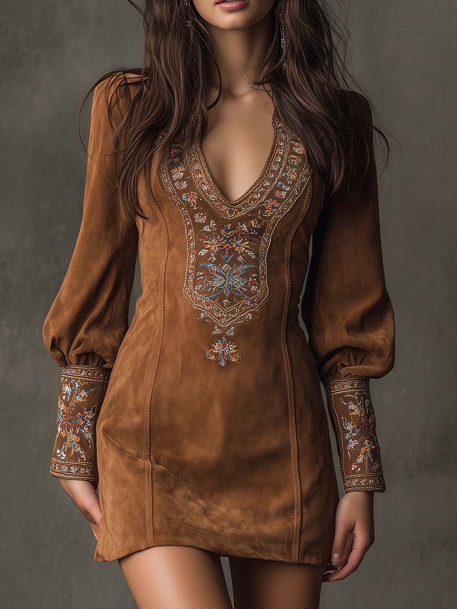 Lunori Mini Suede Dress in brown