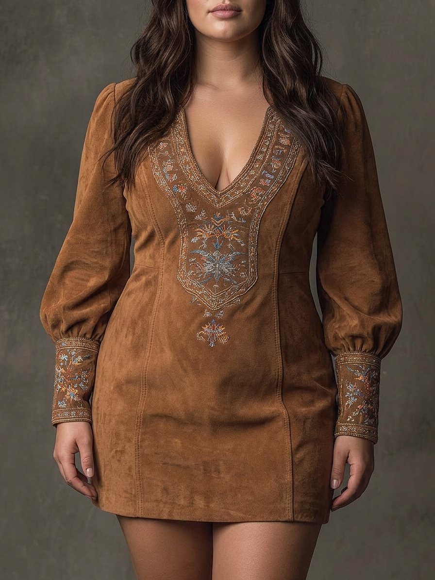 Short Dress with Suede Effect in brown