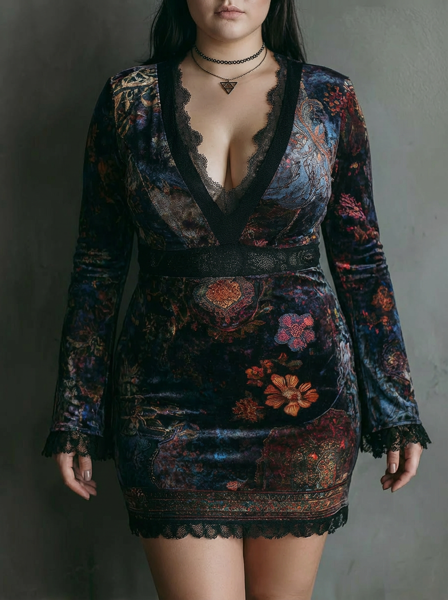 Yara Floral Print V-neck Velvet in multicolor