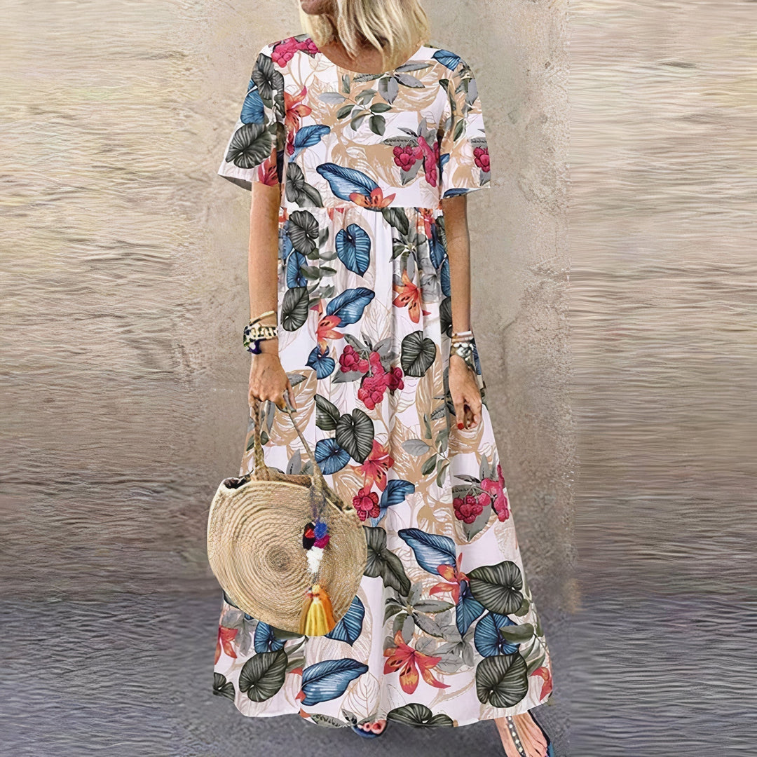 Flora Long Floral Dress in beige