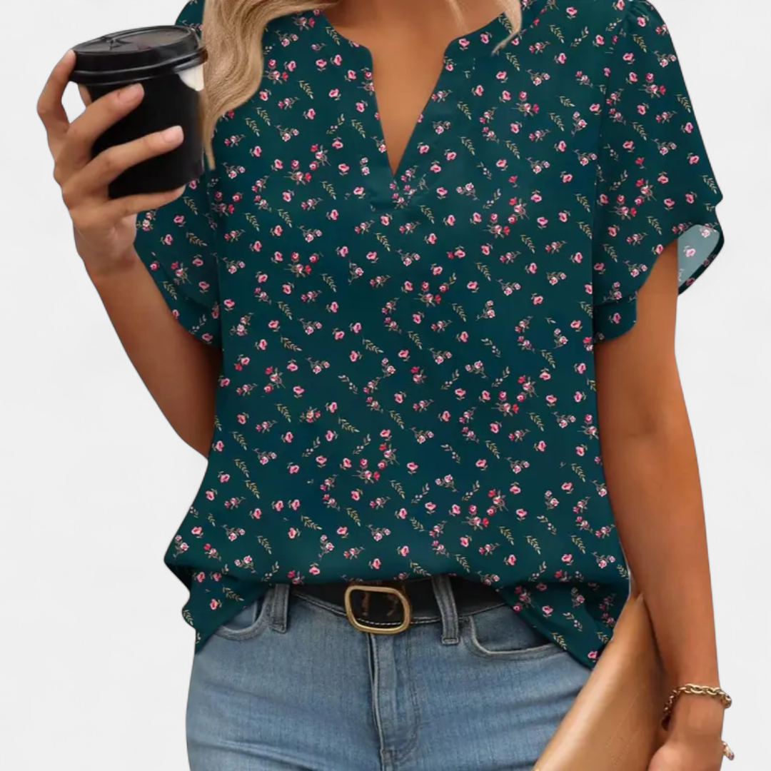 Cressida Vintage Floral V-neck Blouse in dark green floral