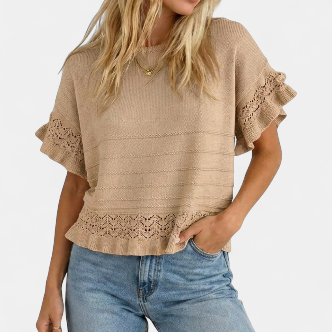 Nella Ruffled Hem Knit Pullover in khaki