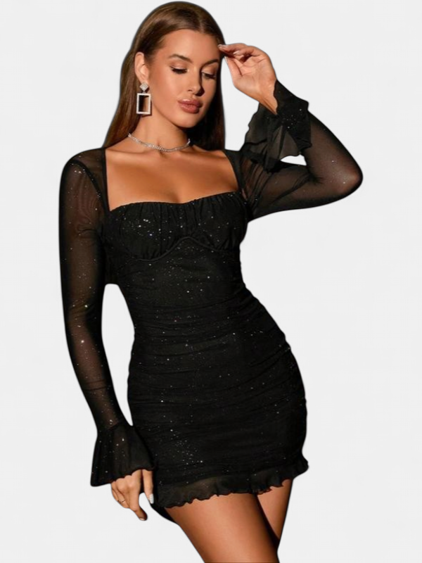 Ellie Glitter Mesh Bodycon Long in signal black