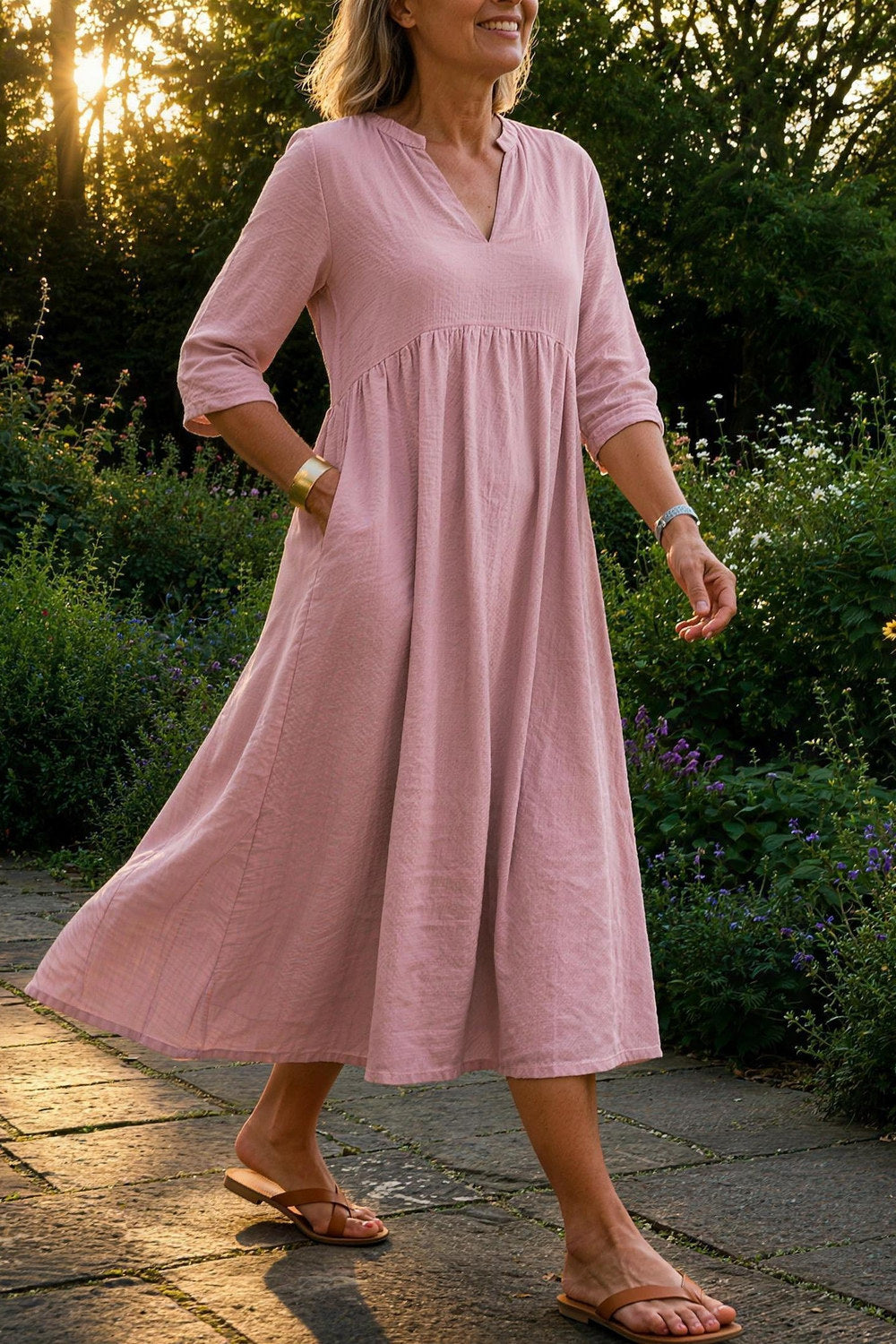 Bettina Relaxed A-Line Midi Dress — Dusty Rose