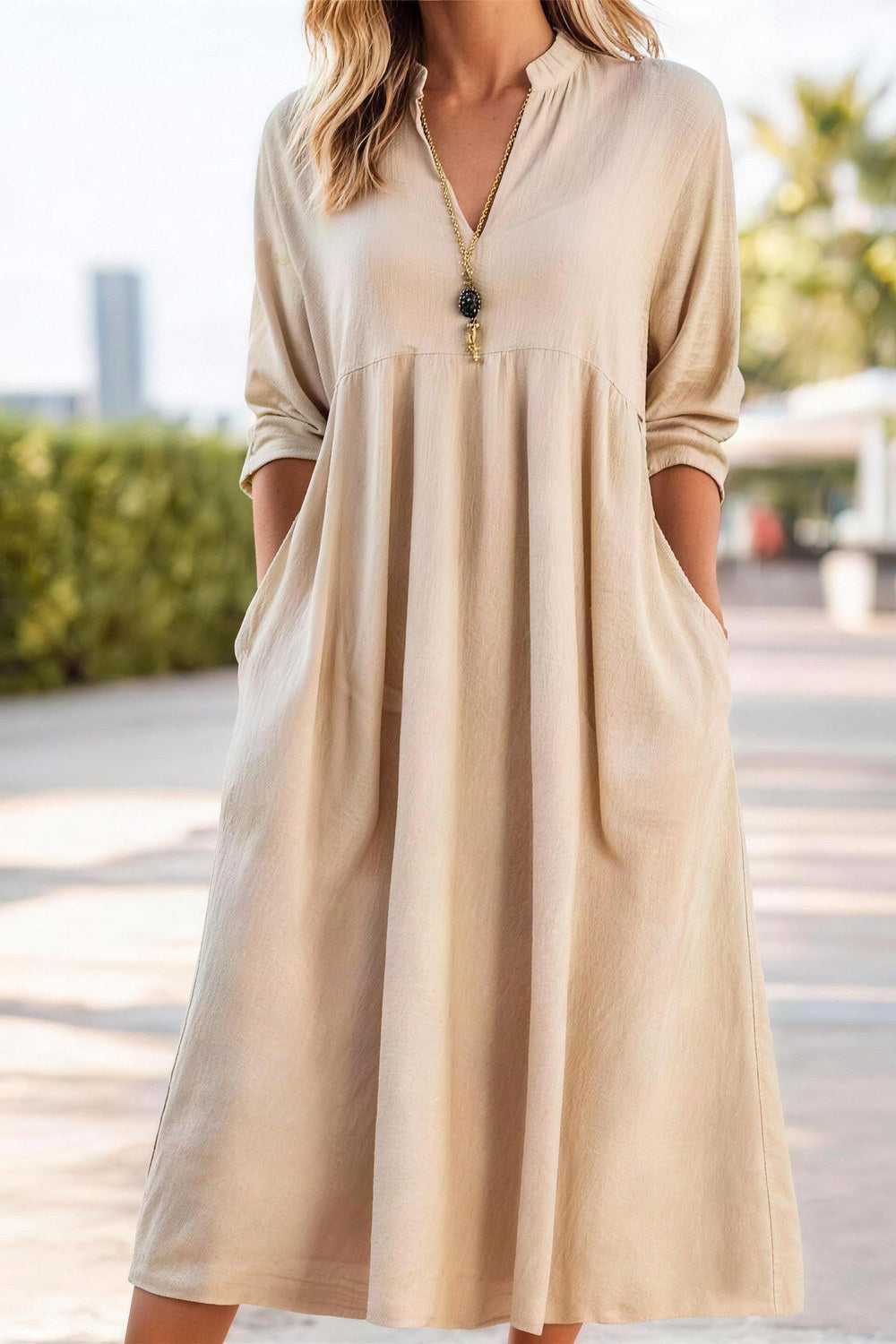 Bettina Relaxed A-Line Midi Dress — Sand