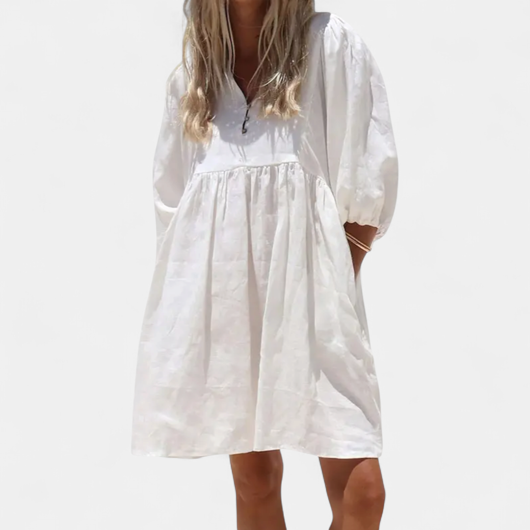 Beau V-neck Puff Sleeve Dress in white