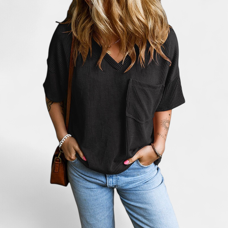 Janelle Textured Pocket V-neck Tee in black