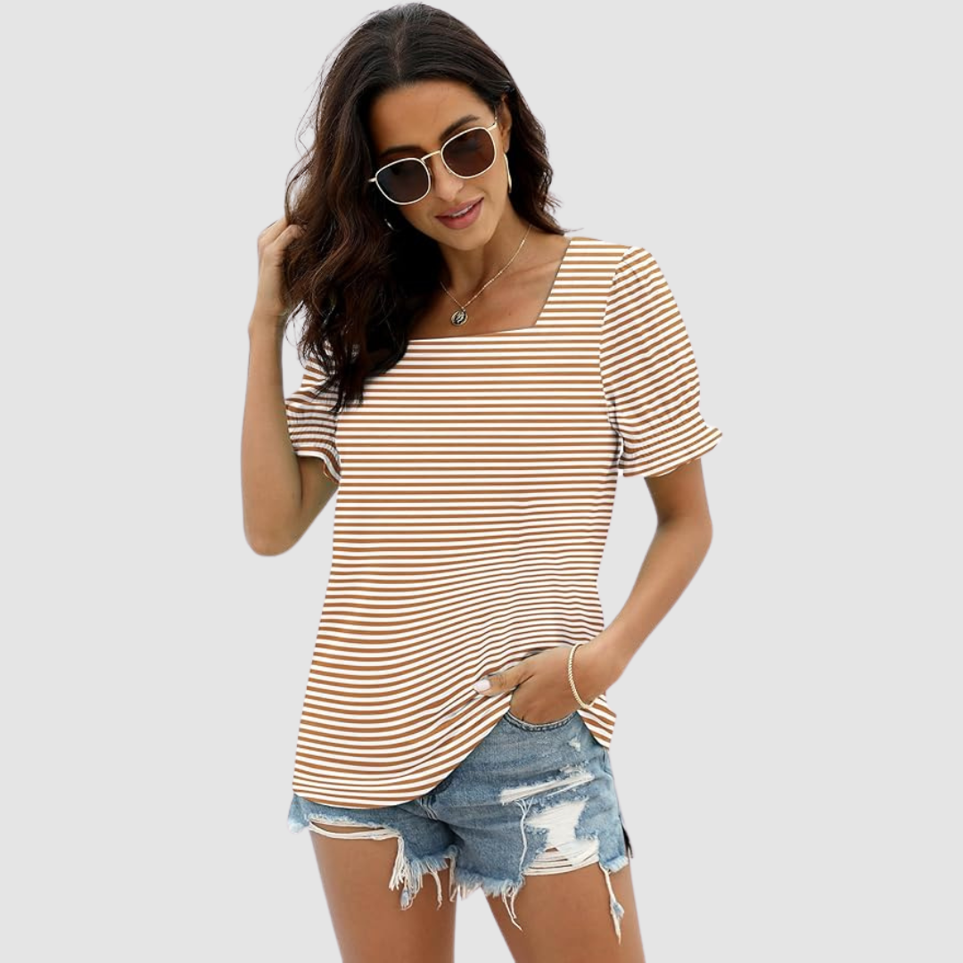 C Lina Square Neck Top in camarel stripe