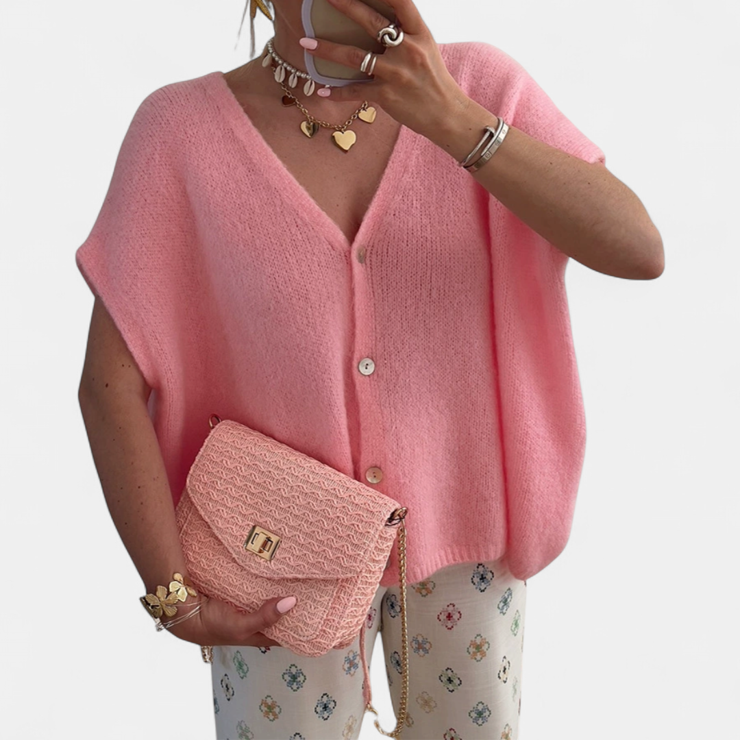 Nellie Hollow Knit Sleeveless Cardigan in pink