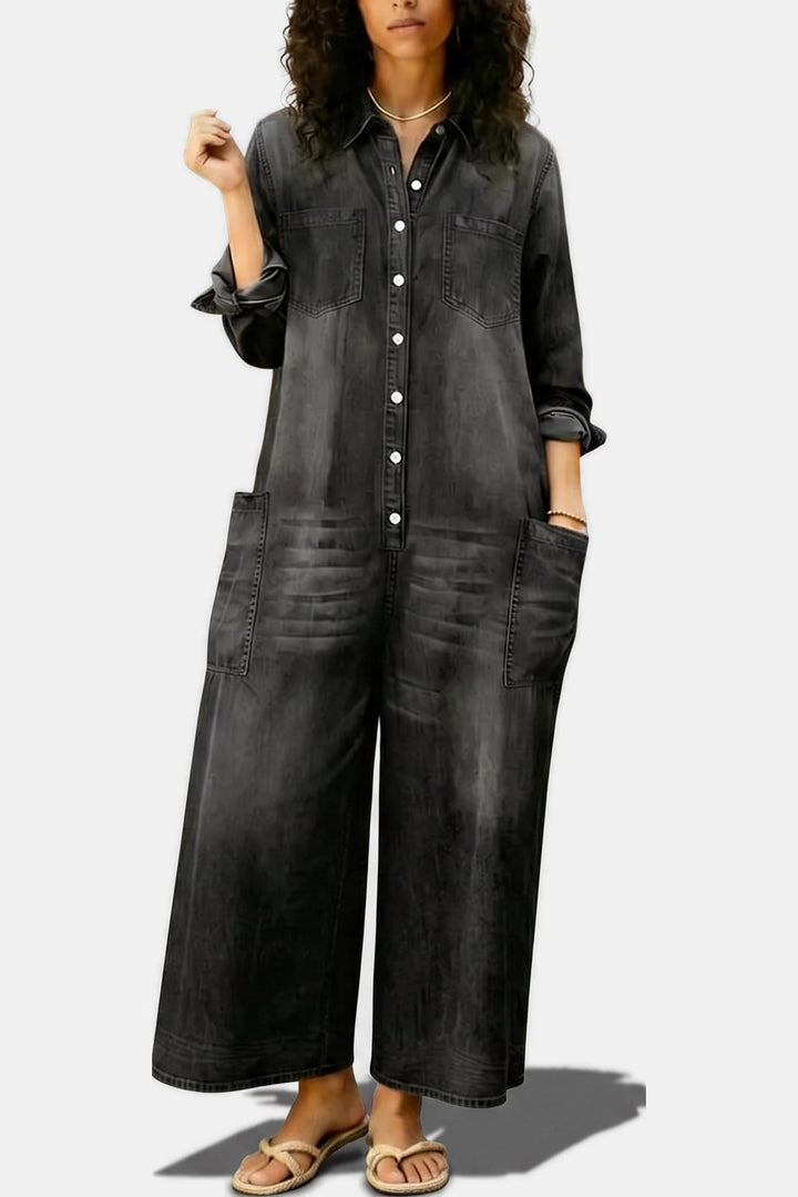 Clemence Wide-Leg Button-Front Denim Jumpsuit — Black