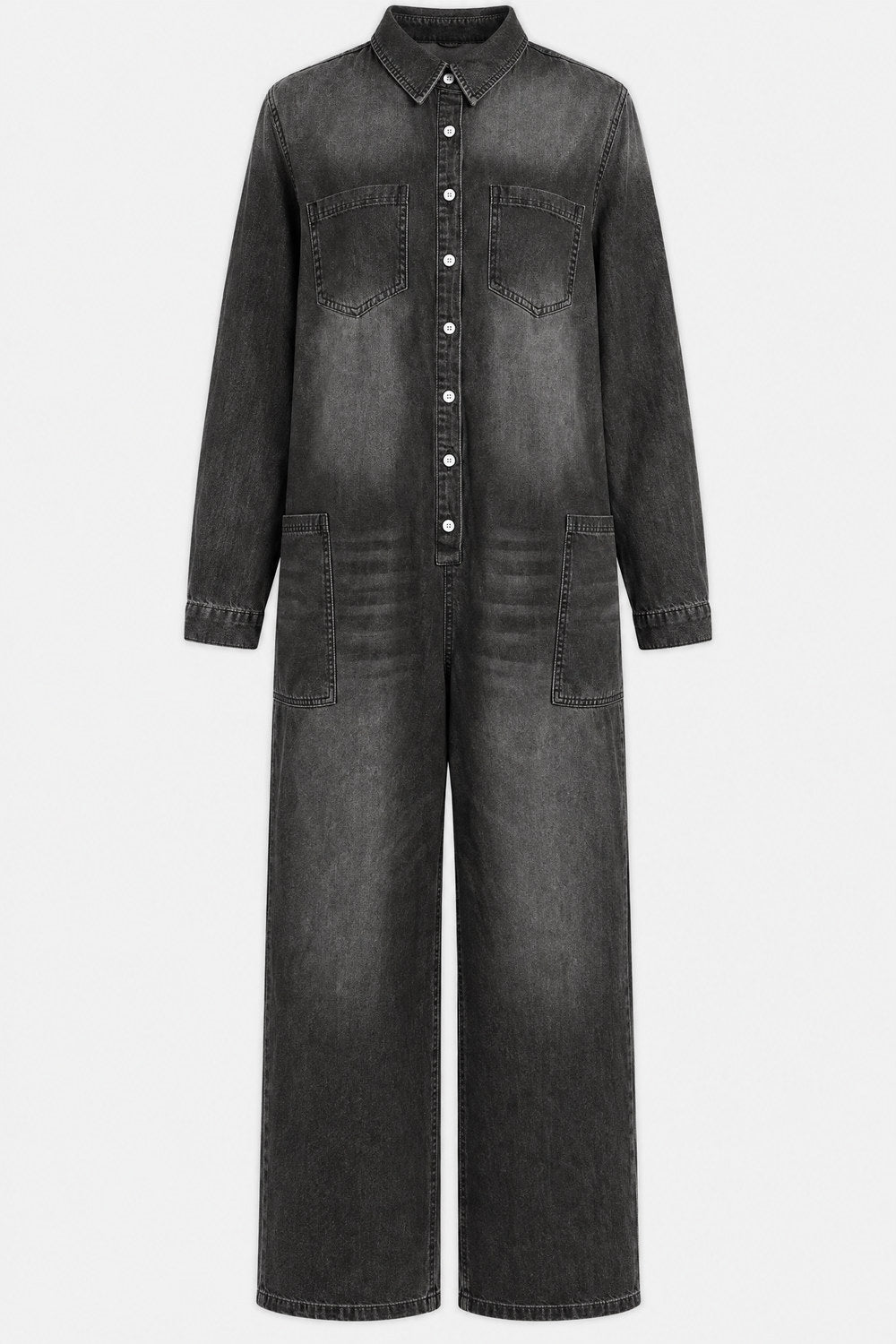 Clemence Wide-Leg Button-Front Denim Jumpsuit — Black