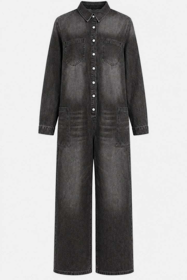 Clemence Wide-Leg Button-Front Denim Jumpsuit — Black