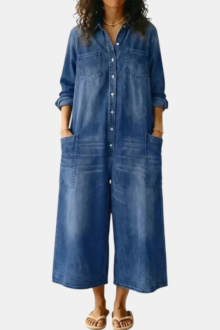 Clemence Wide-Leg Button-Front Denim Jumpsuit — Blue