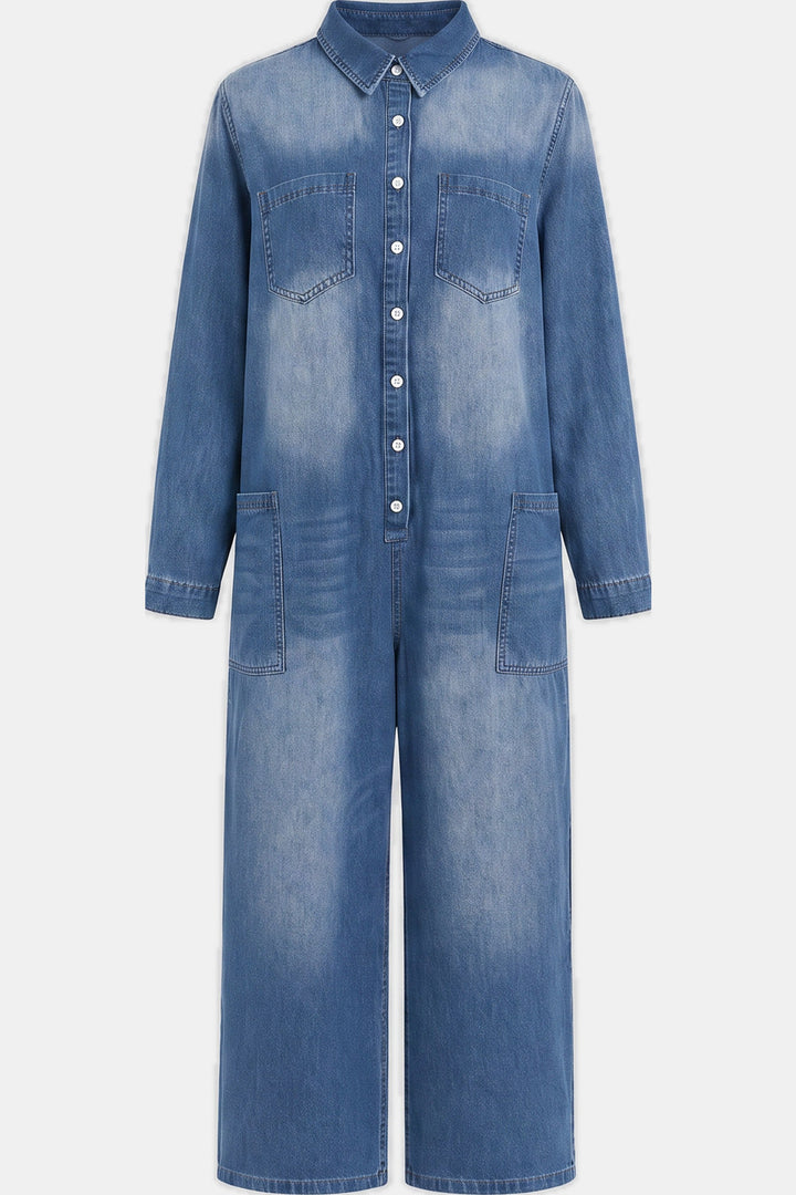 Clemence Wide-Leg Button-Front Denim Jumpsuit — Blue
