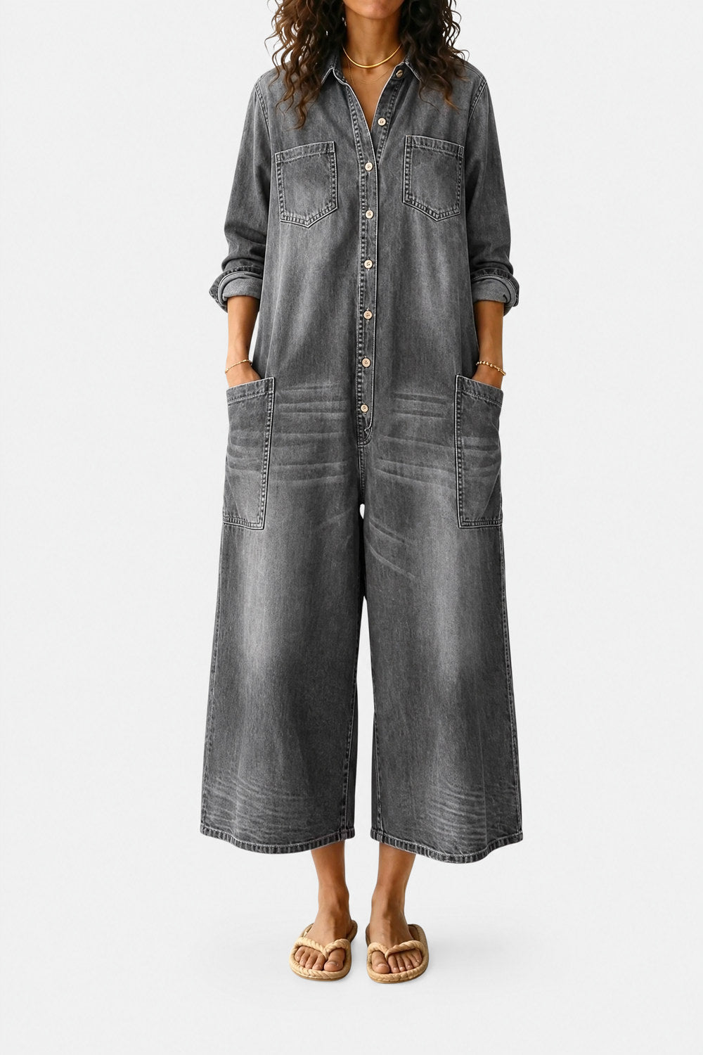 Clemence Wide-Leg Button-Front Denim Jumpsuit — Grey