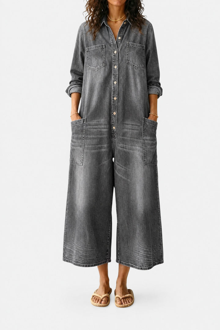 Clemence Wide-Leg Button-Front Denim Jumpsuit — Grey