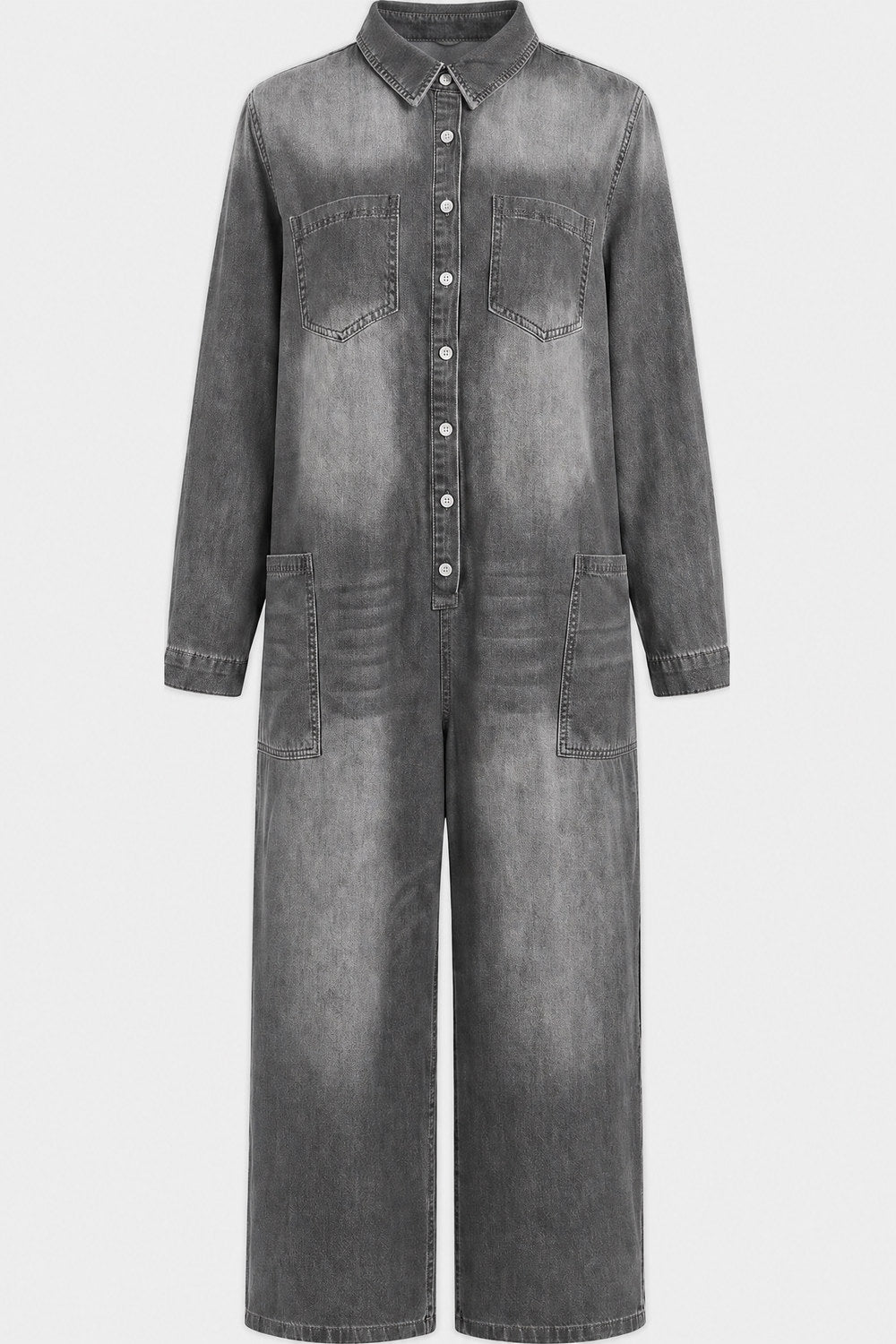 Clemence Wide-Leg Button-Front Denim Jumpsuit — Grey