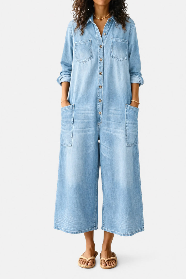 Clemence Wide-Leg Button-Front Denim Jumpsuit — Sky Blue